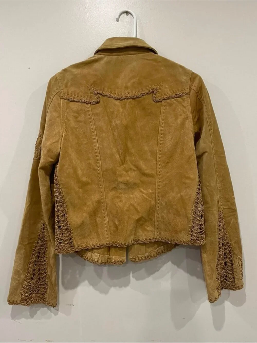 Danier Tan Suede Leather Jacket Crochet Trim Button Front Women’s Medium